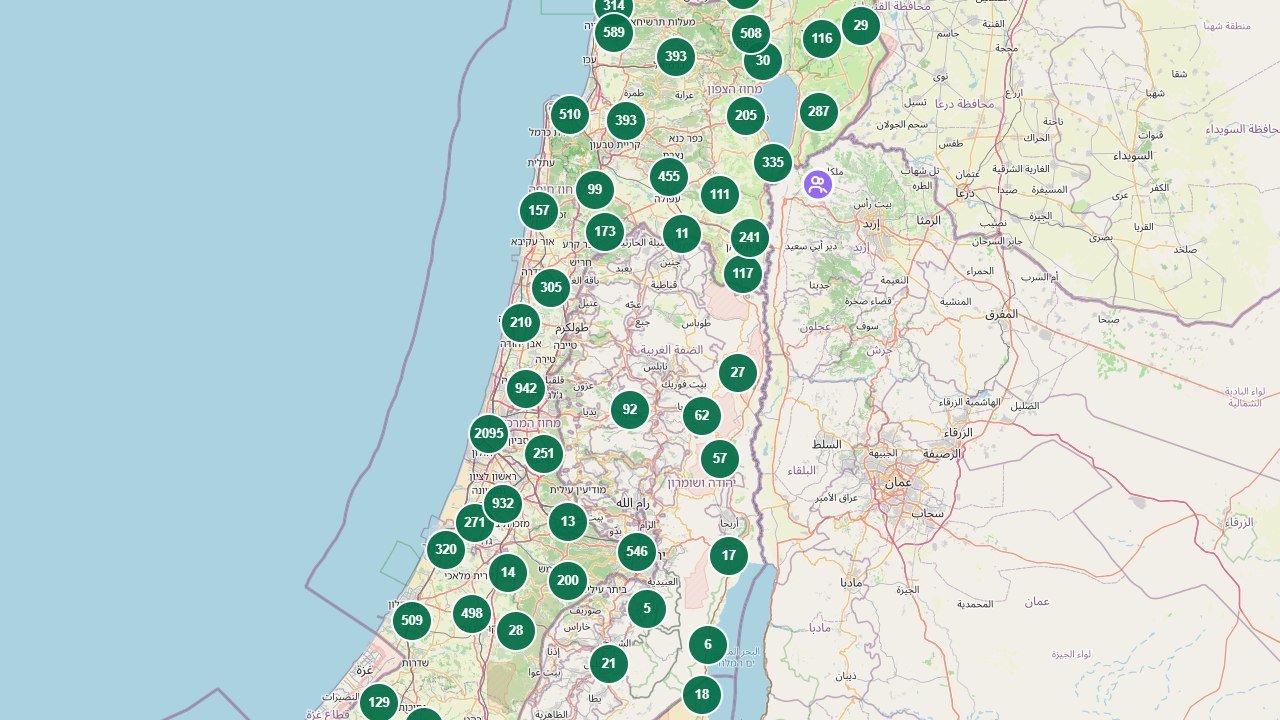 Live HarmonySOS map of Israel showing thousands of verified protected spaces in green clusters from the Galilee to the Negev